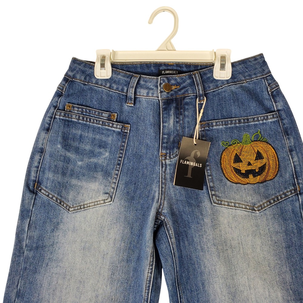 Flamingals Womens Pumpkin Embroidered Wide Leg Jeans Blue Halloween Size S NWT